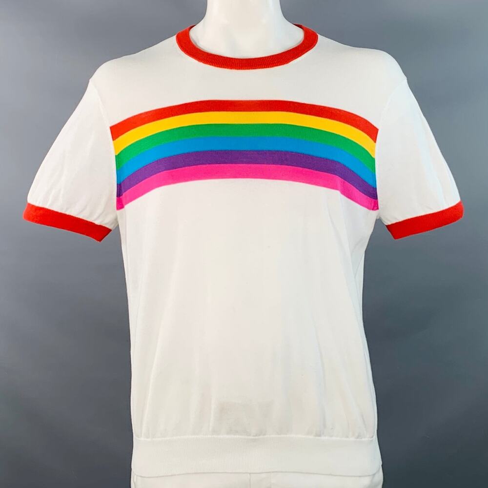 MR TURK Size XL White Multi Color Rainbow Cotton Knit Ringer T-shirt